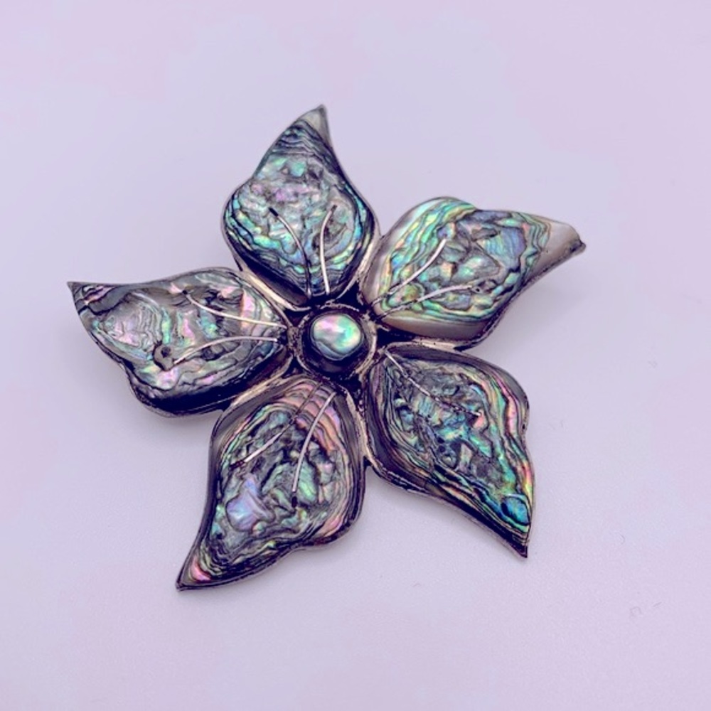💝Vintage Sterling Silver Mexican Abalone Shell Flower Brooch